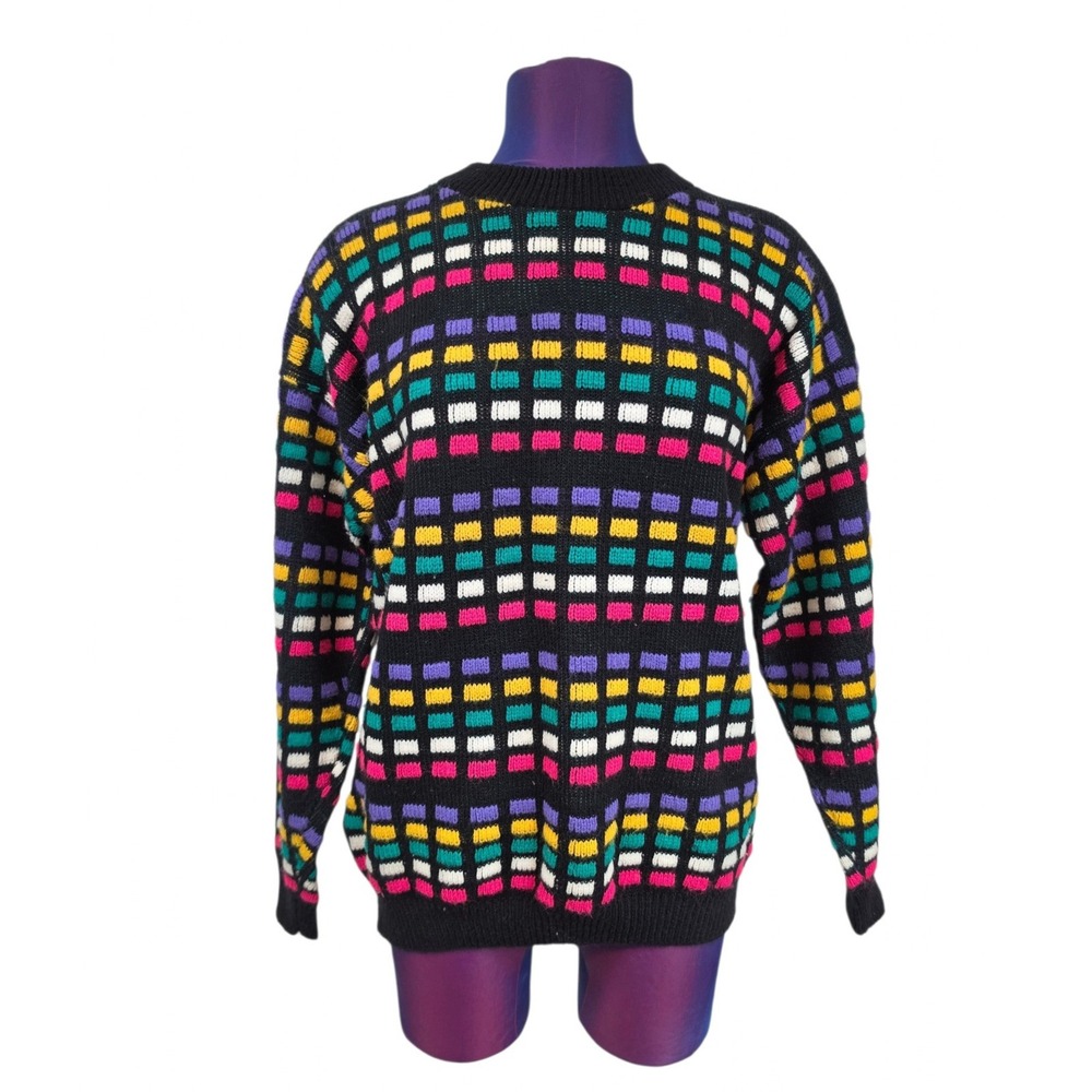 Vintage Spunky Multi Color Block Knit Sweater Black Crewneck Made in USA - Picture 6 of 6